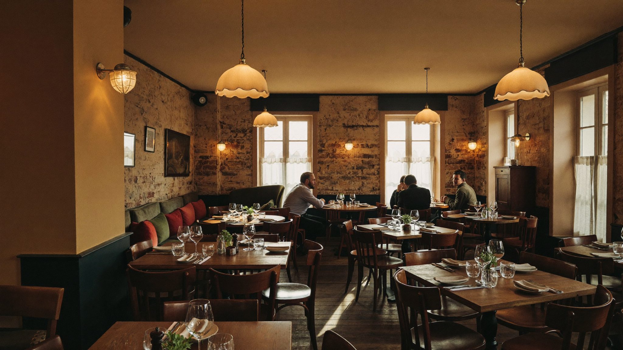Interiorul cald și rustic al restaurantului Masă Bună